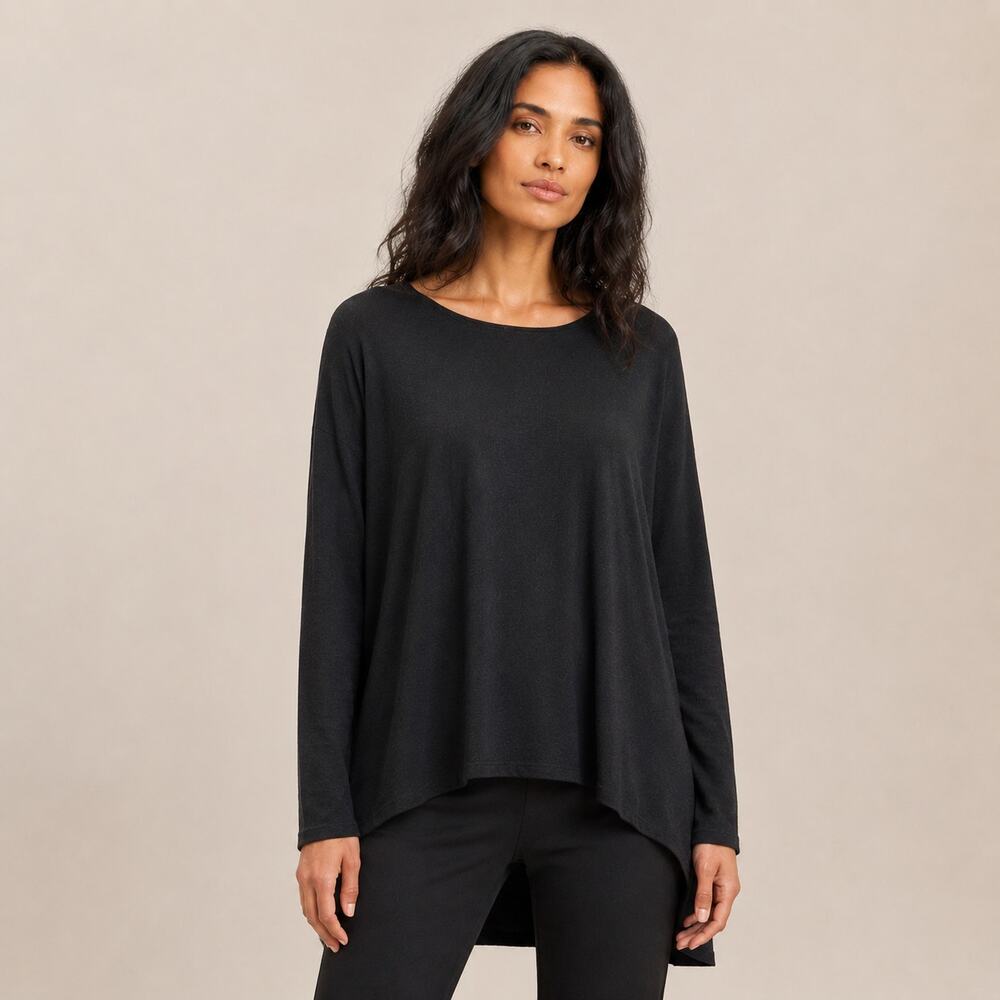 Eileen Fisher Merino Wool Sweater Top Womens Small Black High Low Lagenlook